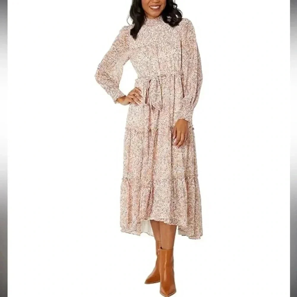 1 STATE DRESS COTTAGECORE FLORAL PRINT SMOCKED NECK CREAM AND PINK